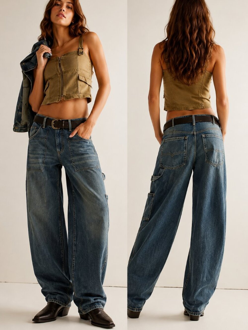 We The Free Loren High Rise Barrel Indigo Blue Dusk Carpenter Jeans Sz 28 NWOT